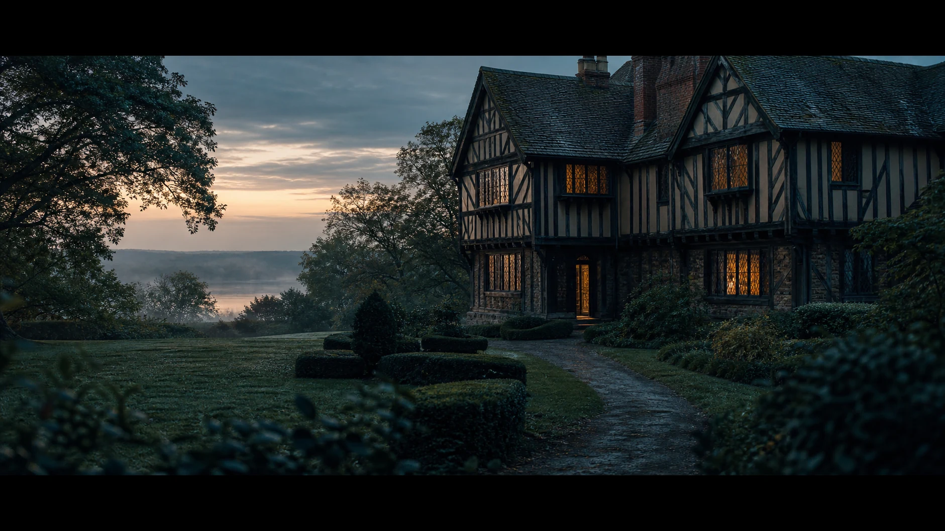 An illustrative Tudor manor and garden glowing at blue-hour dawn.